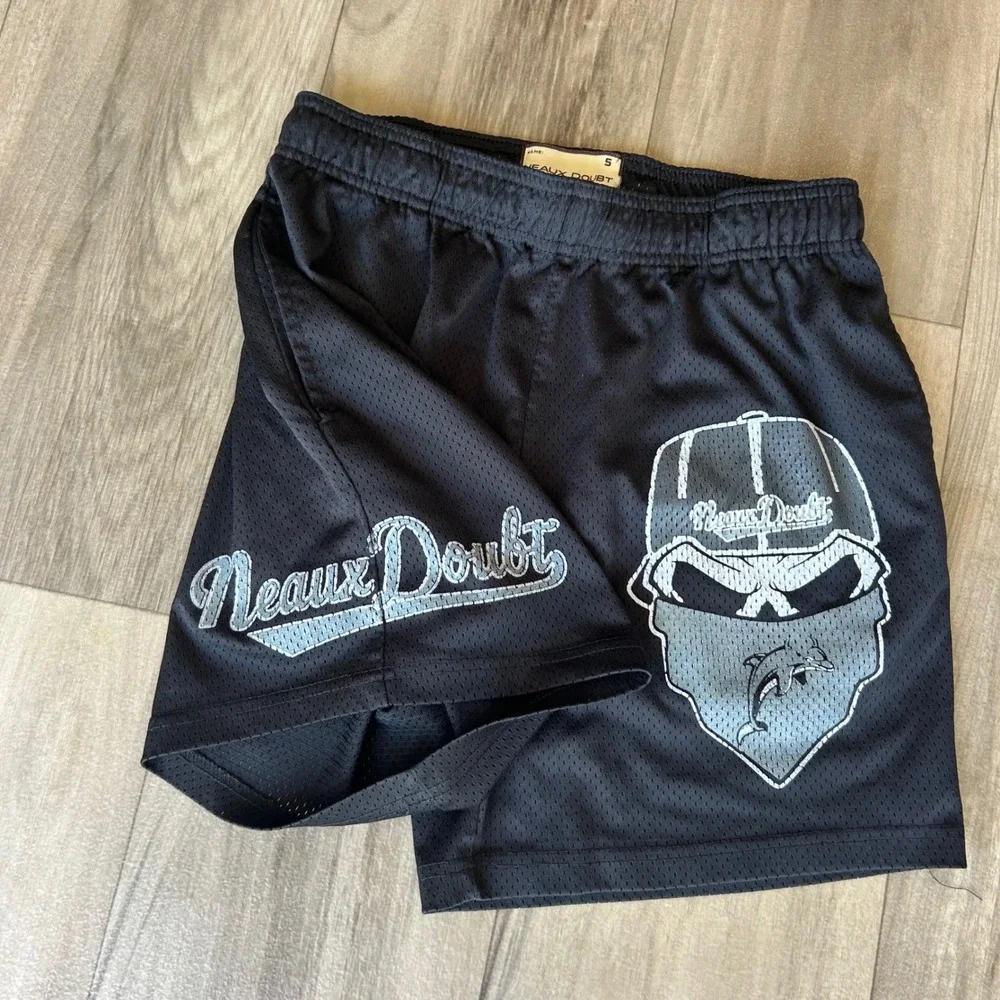 Neaux Doubt Mens Black Mesh Graphic Skull Dolphin Shorts Small Streetwear